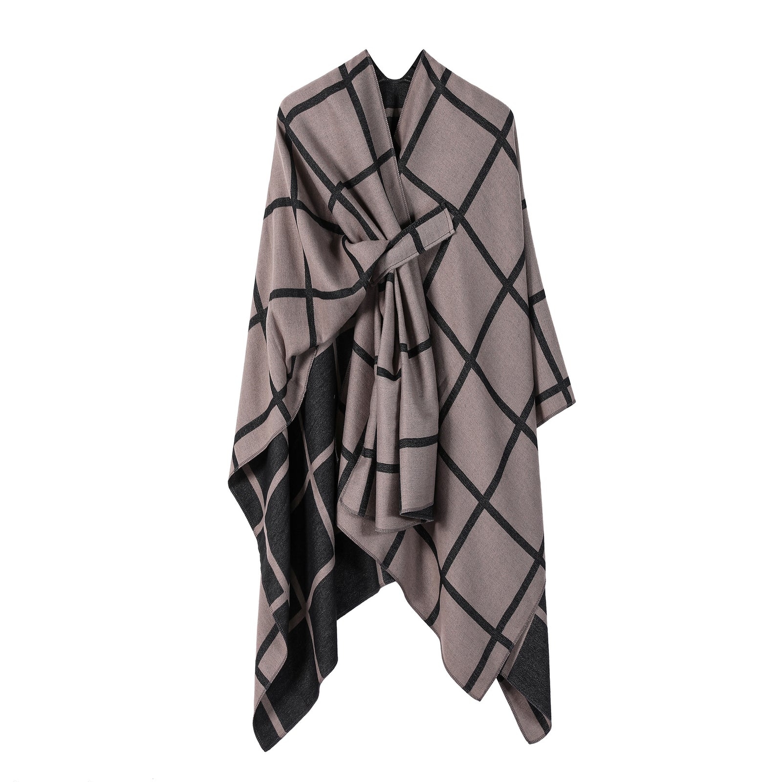 Brown Elegant Check Knit Travel Shawl with Stylish Side-Slit Design - Fall & Winter Luxurious Cashmere-Feel Pullover Cape (135 x 155 CM)