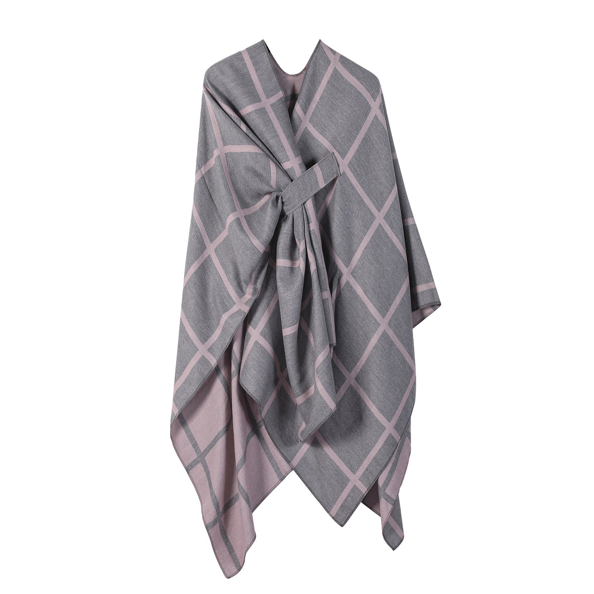 Grey and Pink Elegant Check Knit Travel Shawl with Stylish Side-Slit Design - Fall &amp; Winter Luxurious Cashmere-Feel Pullover Cape (135 x 155 CM)