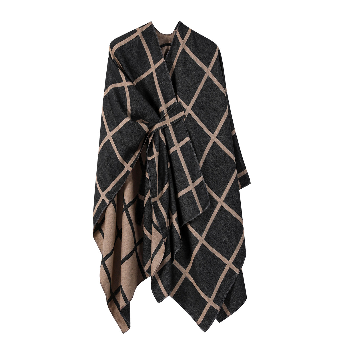 Black and Brown Elegant Check Knit Travel Shawl with Stylish Side-Slit Design - Fall &amp; Winter Luxurious Cashmere-Feel Pullover Cape (135 x 155 CM)