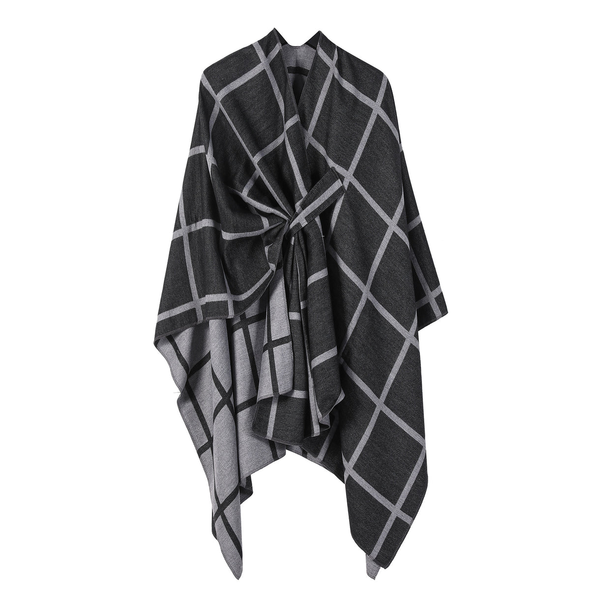 Black and Grey Elegant Check Knit Travel Shawl with Stylish Side-Slit Design - Fall &amp; Winter Luxurious Cashmere-Feel Pullover Cape (135 x 155 CM)