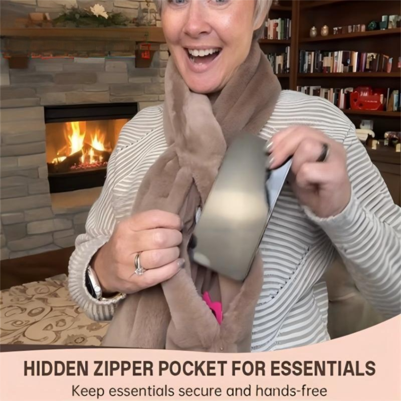 Grey Soft Faux Fur Scarf with 15x20CM Hidden Zipper Pocket - Anti-Theft Travel Scarf  for Phone, Passport and Essentials