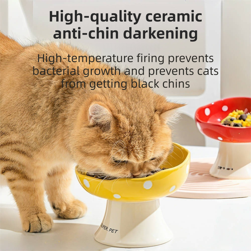 Red Elevated 15° Tilted Ceramic Cat Bowl - Anti-Chin Acne Glaze Finish, Non-Slip Weighted Base & Neck Protection Pet Feeder