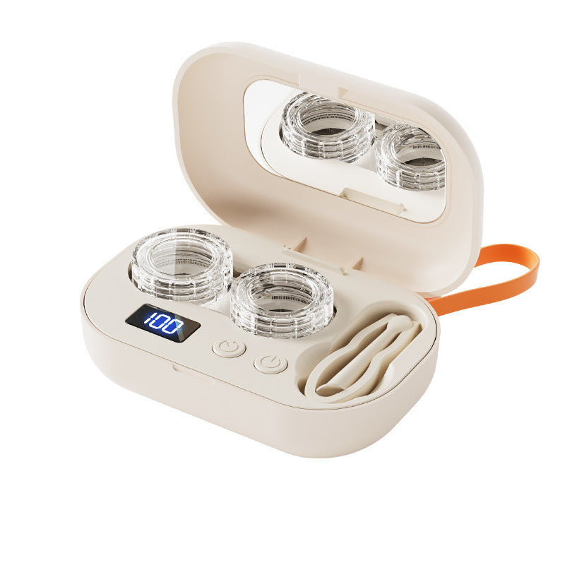 Smart High-Frequency Ultrasonic Contact Lens Cleaner with Digital Display &amp; 4 Level Timer - Portable 3D Suspension Deep Cleaning Machine Integrated Makeup Mirror &amp; Tool Kit