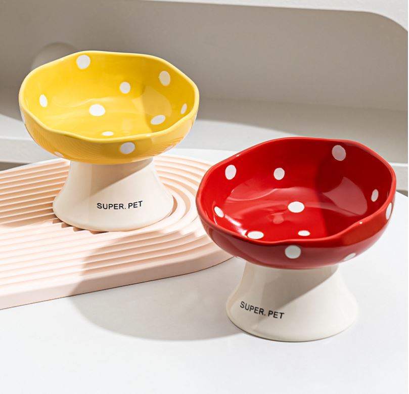 Red and Yellow Elevated 15° Tilted Ceramic Cat Bowl - Anti-Chin Acne Glaze Finish, Non-Slip Weighted Base &amp; Neck Protection Pet Feeder