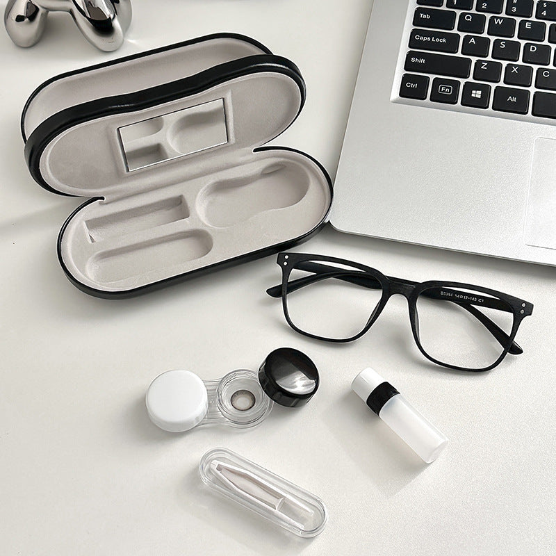 Black Leather Dual-Layer Eyewear Case with Mirror &amp; Lens Care Kit - Rigid Travel Organizer for Glasses and Contact Lenses