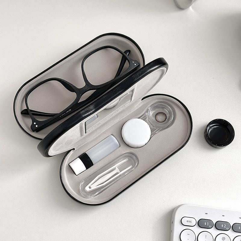 Black Leather Dual-Layer Eyewear Case with Mirror & Lens Care Kit - Rigid Travel Organizer for Glasses and Contact Lenses