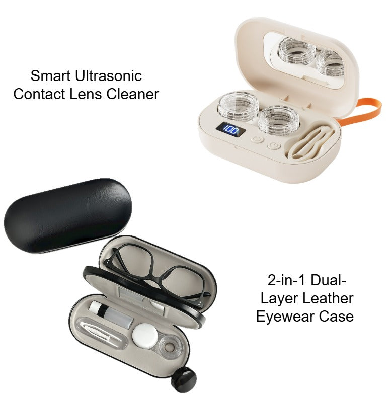Premium Eye Care Travel Set: 2-in-1 Black Dual-Layer Leather Eyewear Case and Smart Ultrasonic Contact Lens Cleaner with Mirror &amp; Lens Care Kit