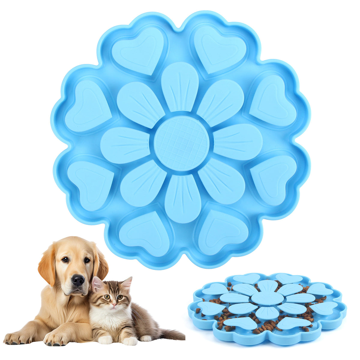 Blue 4-in-1 Textured Silicone Pet Lick Mat &amp; Slow Feeder - Anti-Anxiety Calming Pad with Back Suction Cups