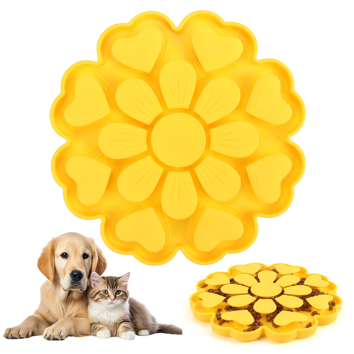 Yellow 4-in-1 Textured Silicone Pet Lick Mat &amp; Slow Feeder - Anti-Anxiety Calming Pad with Back Suction Cups