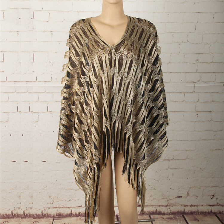 Gold Boho Hollow-Out Wave Poncho Shawl with Tassel Hem - Elegant Dual-Tone Color Block Oversized Wrap for Fall &amp; Winter Layering