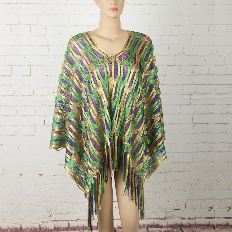 Green Boho Hollow-Out Wave Poncho Shawl with Tassel Hem - Elegant Dual-Tone Color Block Oversized Wrap for Fall &amp; Winter Layering