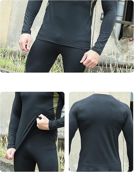 M Size Black Men's Tactical 4-Way Stretch Fleece Lined Thermal Underwear Set - Winter Sweat-Wicking & Breathable Sportswear for Training & Outdoors