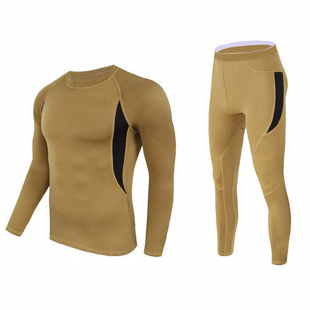 M Size Khaki Men's Tactical 4-Way Stretch Fleece Lined Thermal Underwear Set - Winter Sweat-Wicking &amp; Breathable Sportswear for Training &amp; Outdoors