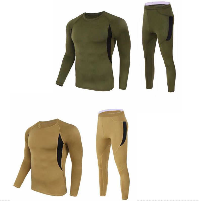 2-Pack XL Size Men's Tactical 4-Way Stretch Fleece Lined Thermal Underwear Set(Khaki + Green) - Winter Sweat-Wicking &amp; Breathable Sportswear for Training &amp; Outdoors