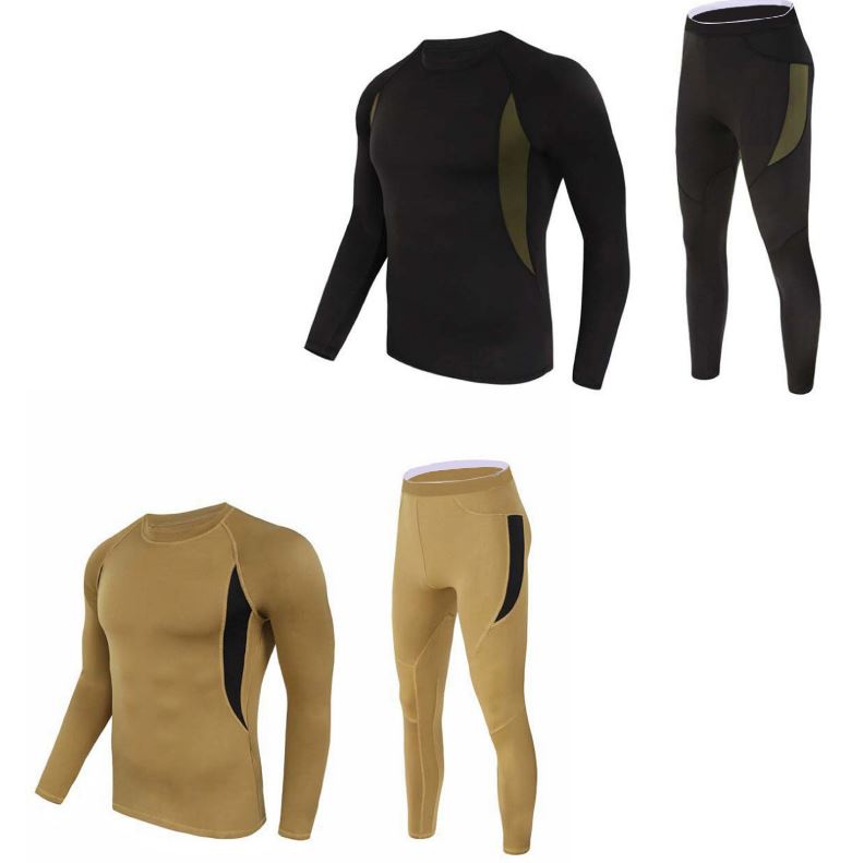 2-Pack M Size Men's Tactical 4-Way Stretch Fleece Lined Thermal Underwear Set(Black + Khaki) - Winter Sweat-Wicking &amp; Breathable Sportswear for Training &amp; Outdoors