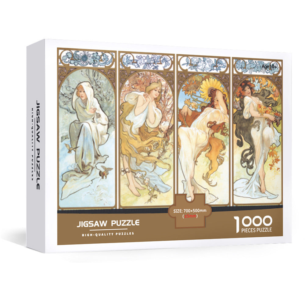 1000-Piece Large Jigsaw Puzzles with 70x50CM Display (Four Seasons Theme) - 6 LetterAlphabetical Zone Partitioning, Stress-Relief Educational Toy for Teens &amp; Adults