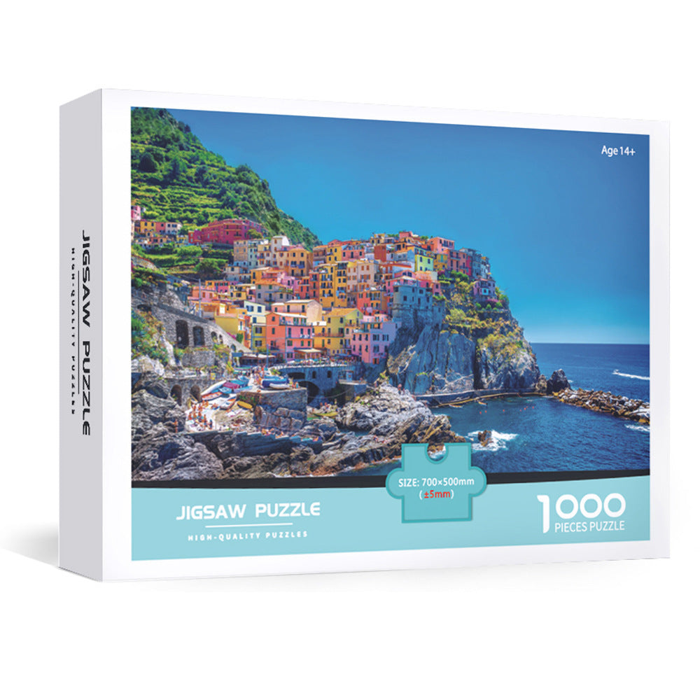 1000-Piece Large Jigsaw Puzzles with 70x50CM Display (Italy Cinque Terre Theme) - 6 LetterAlphabetical Zone Partitioning, Stress-Relief Educational Toy for Teens &amp; Adults