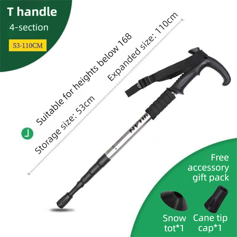 53-110 CM Silver Ultralight Telescopic Aluminum Trekking Pole (4-Section T-Handle) - Professional &amp; Compact Shock-Absorbing Trail Support