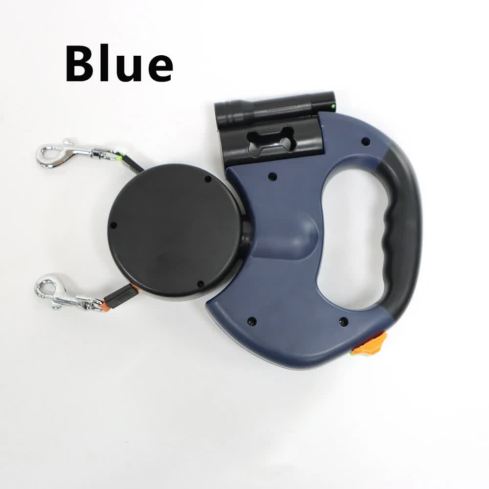 Blue One-to-Two Retractable Dog Leash with One-Click Safety Lock &amp; Night Light - 3M Tangle-Free 360° Rotation Walking Leash