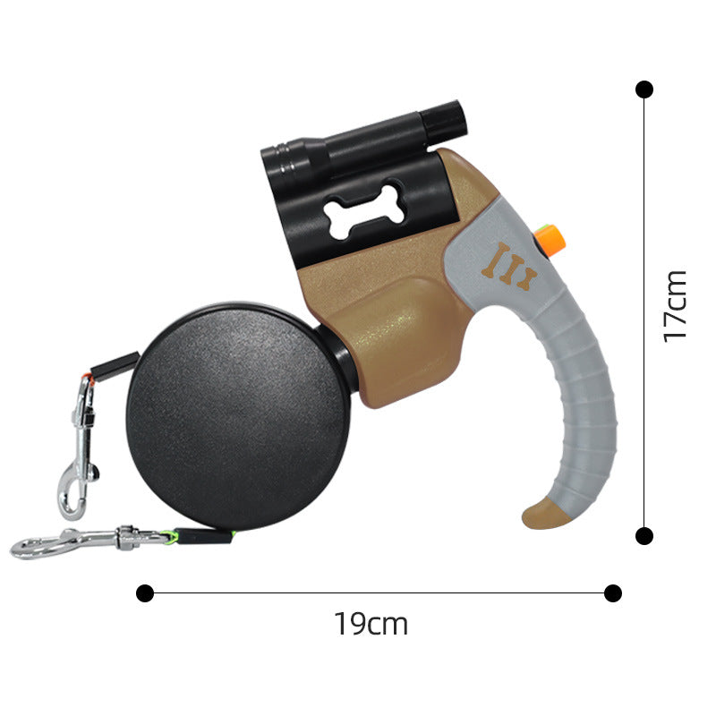 Brown and Grey One-to-Two Retractable Dog Leash with One-Click Safety Lock &amp; Night Light - 3M Tangle-Free 360° Rotation Walking Leash