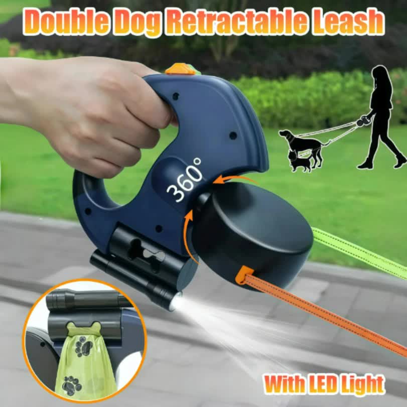 Black and Grey One-to-Two Retractable Dog Leash with One-Click Safety Lock & Night Light - 3M Tangle-Free 360° Rotation Walking Leash