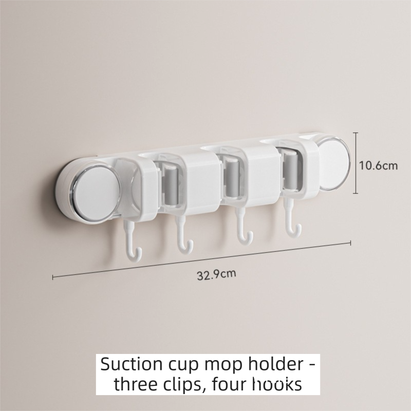 White Vacuum Suction Cup Mop &amp; Broom Holder with 3 Roller Clips + 4 Hooks - Heavy Duty Waterproof Rack for Bathroom &amp; Kitchen