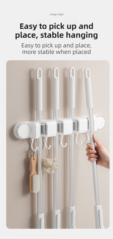 White Vacuum Suction Cup Mop & Broom Holder with 3 Roller Clips + 4 Hooks - Heavy Duty Waterproof Rack for Bathroom & Kitchen