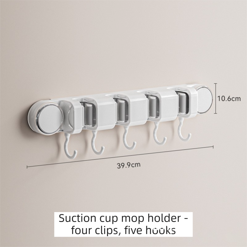 White Vacuum Suction Cup Mop &amp; Broom Holder with 4 Roller Clips + 5 Hooks - Heavy Duty Waterproof Rack for Bathroom &amp; Kitchen