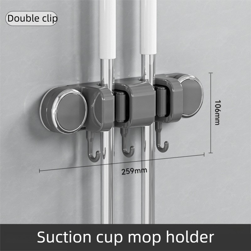 Grey Vacuum Suction Cup Mop &amp; Broom Holder with 2 Roller Clips + 3 Hooks - Heavy Duty Waterproof Rack for Bathroom &amp; Kitchen
