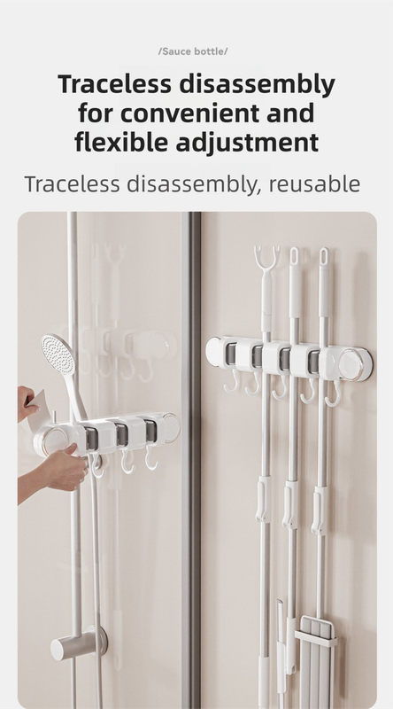 Grey Vacuum Suction Cup Mop & Broom Holder with 2 Roller Clips + 3 Hooks - Heavy Duty Waterproof Rack for Bathroom & Kitchen