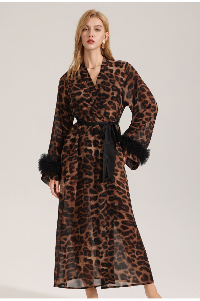 Women's Sexy Leopard Long Sleeve Print Satin Robe - Breathable Luxury Satin Chiffon Housecoat &amp; Long Elegant Morning Gown
