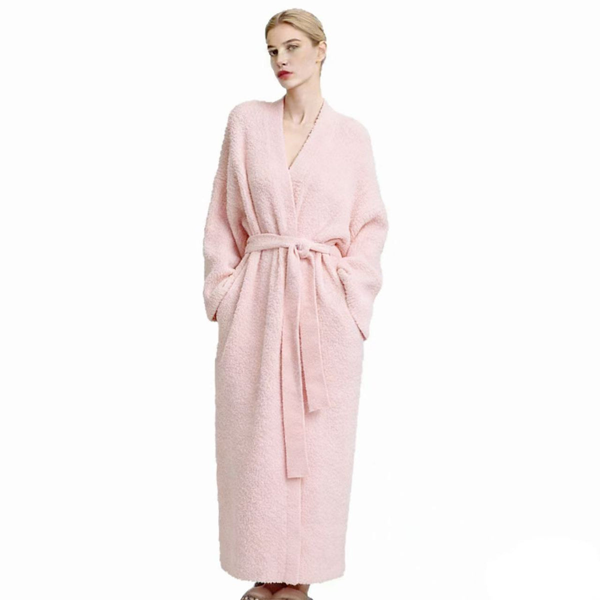 Pink Women's Ultra-Soft Plush V-Neck Cardigan Robe - Extra Thick Half-Velvet Warm Housecoat &amp; Outdoor Wearable Sleepwear