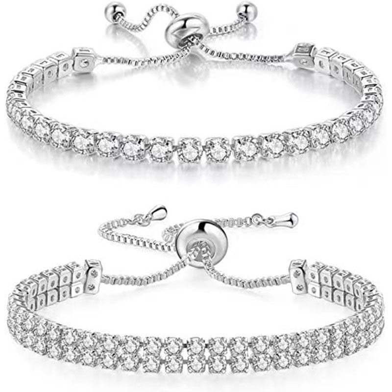 Silver High-Sparkle Cubic Zirconia Iced-Out Tennis Bracelet of Single Row &amp; Double Row (5.7" to 11.3") - Minimalist Geometric Dainty Jewelry