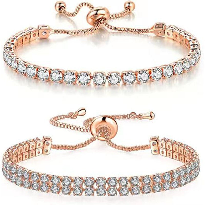 Rose Gold High-Sparkle Cubic Zirconia Iced-Out Tennis Bracelet of Single Row &amp; Double Row (5.7" to 11.3") - Minimalist Geometric Dainty Jewelry