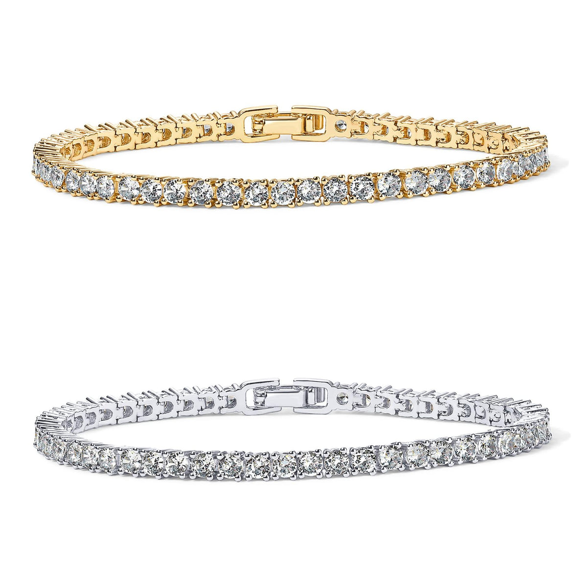 2-Pack 4.0mm Iced-Out Zirconia Tennis Bracelet with Secure Clasp (Silver and Gold) - Classic Luxury Rhinestone Tennis Chain for Men &amp; Women (7 Inches)