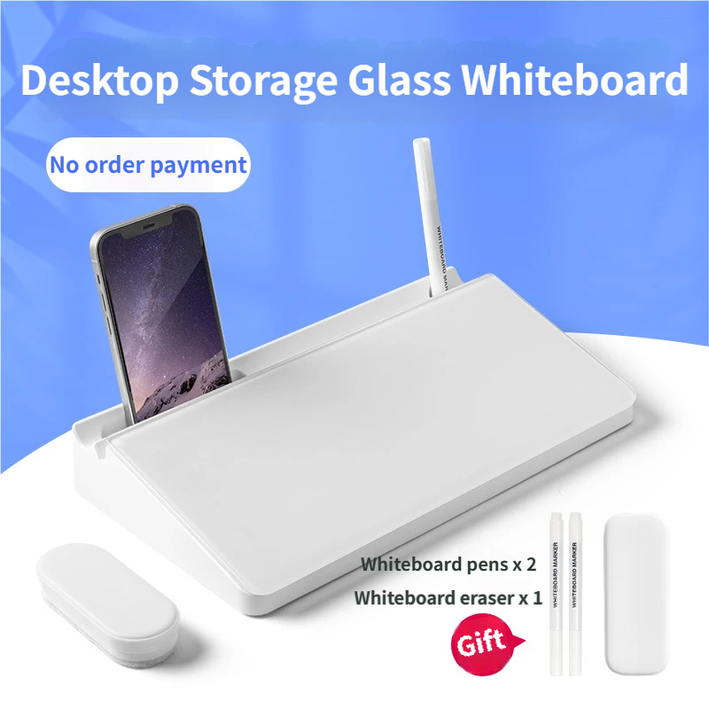 White Slanted Glass Memo Board &amp; Desktop Organizer with 2 Markers &amp; Residue-Free Eraser - Computer Keyboard Stand Dry Erase Notepad