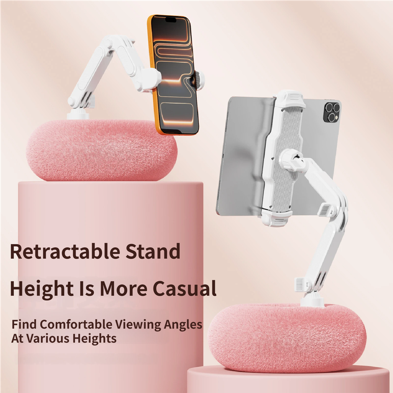 2-in-1 Pink Soft Plush Pillow Base & Phone Holder - 3-Axis 180° Rotation, Height Adjustable and Telescopic Clamp Stand, Relieve Arm Fatigue and Neck Strain