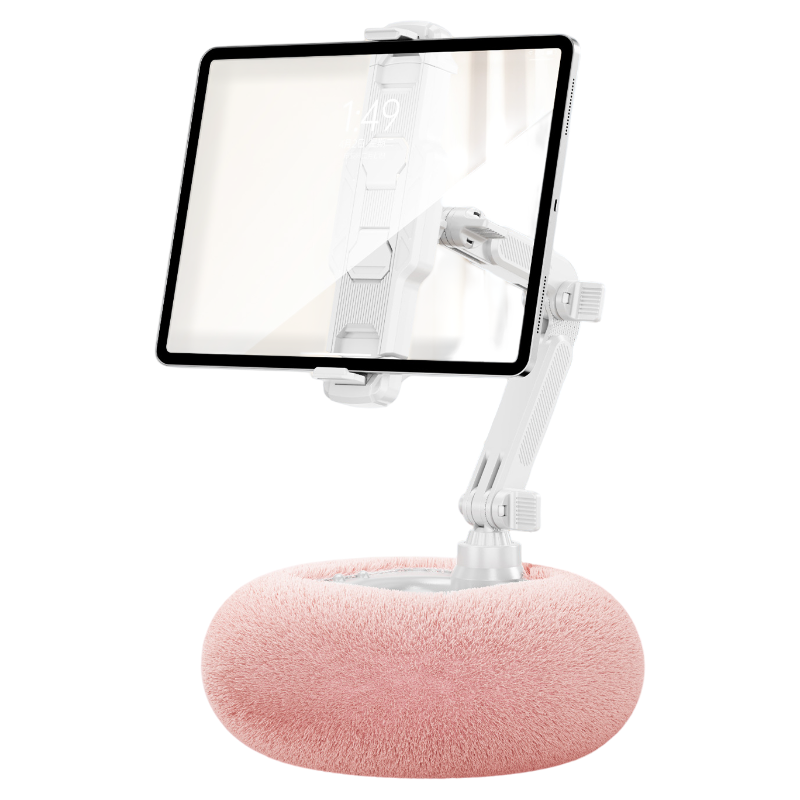 2-in-1 Pink Soft Plush Pillow Base &amp; Tablet Holder - 3-Axis 180° Rotation, Height Adjustable and Telescopic Clamp Stand, Relieve Arm Fatigue and Neck Strain