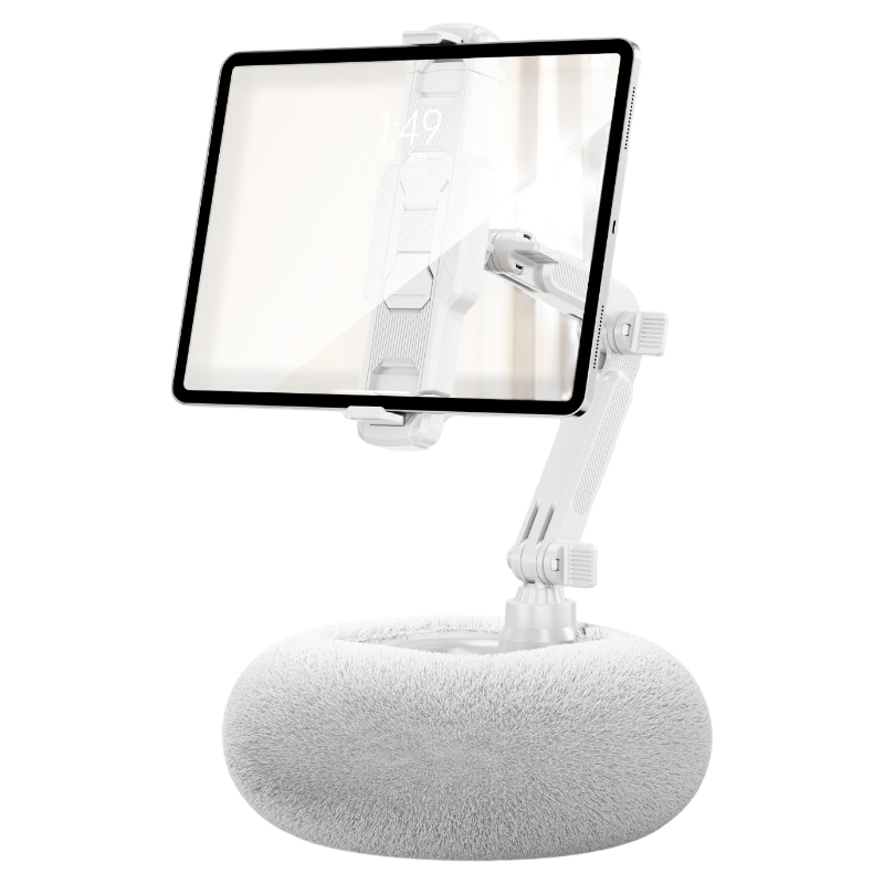 2-in-1 White Soft Plush Pillow Base &amp; Tablet Holder - 3-Axis 180° Rotation, Height Adjustable and Telescopic Clamp Stand, Relieve Arm Fatigue and Neck Strain