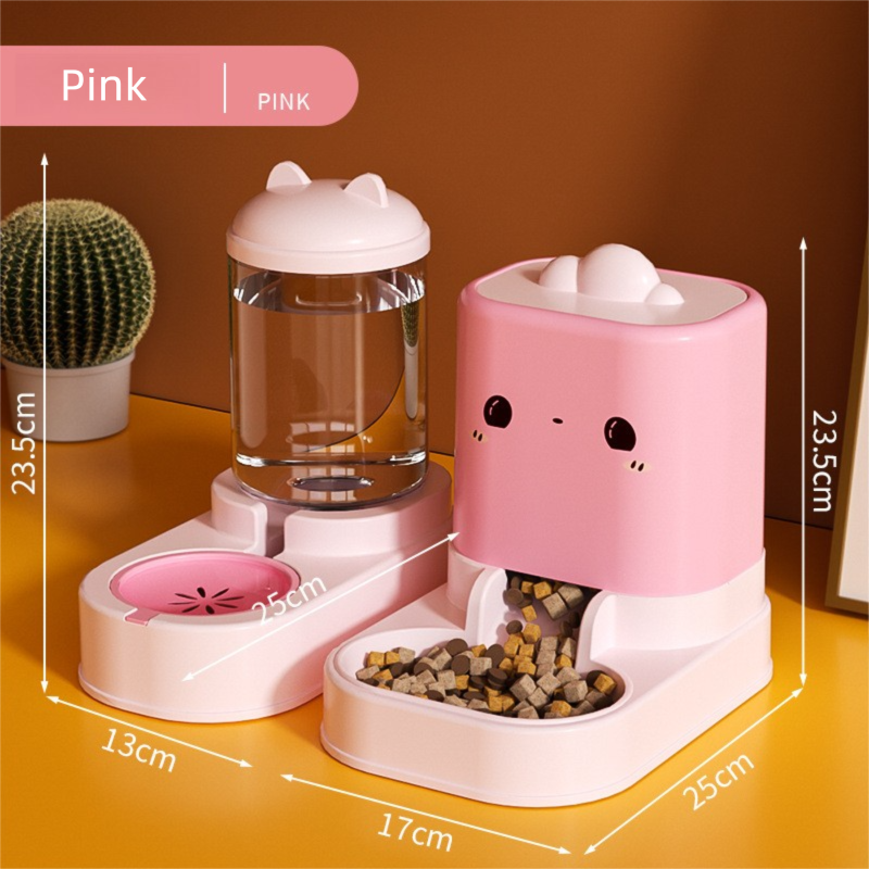 Pink  Cat &amp; Dog Automatic Feeder &amp; Waterer Set – 2-in-1 Dry &amp; Wet Separation Station with 2200ml Food &amp; 1000ml Water Capacity