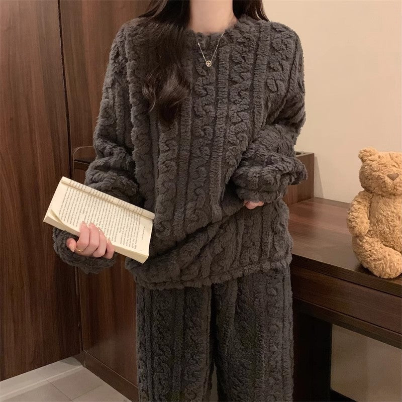 Grey Coral Fleece Jacquard Thermal Pajama Set — Autumn/Winter Fleece-Lined, Thickened, Casual Loungewear