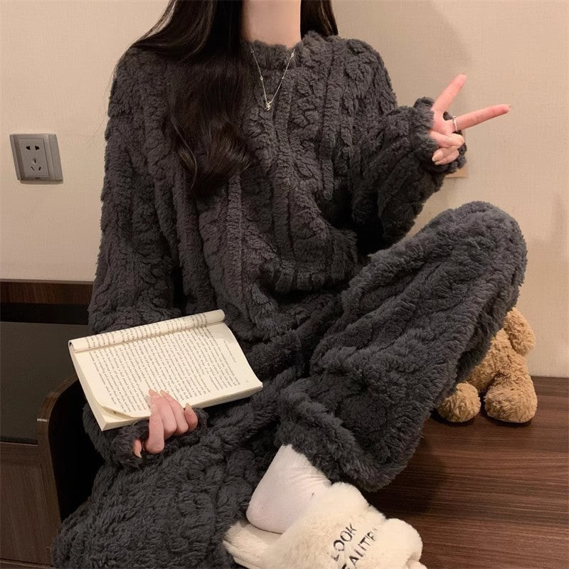 Grey Coral Fleece Jacquard Thermal Pajama Set — Autumn/Winter Fleece-Lined, Thickened, Casual Loungewear