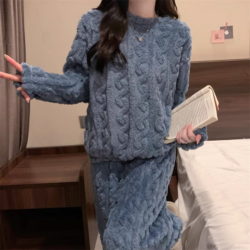 Blue Coral Fleece Jacquard Thermal Pajama Set — Autumn/Winter Fleece-Lined, Thickened, Casual Loungewear