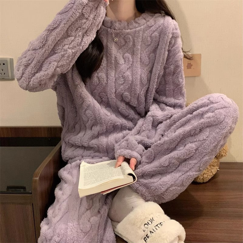 Purple Coral Fleece Jacquard Thermal Pajama Set — Autumn/Winter Fleece-Lined, Thickened, Casual Loungewear