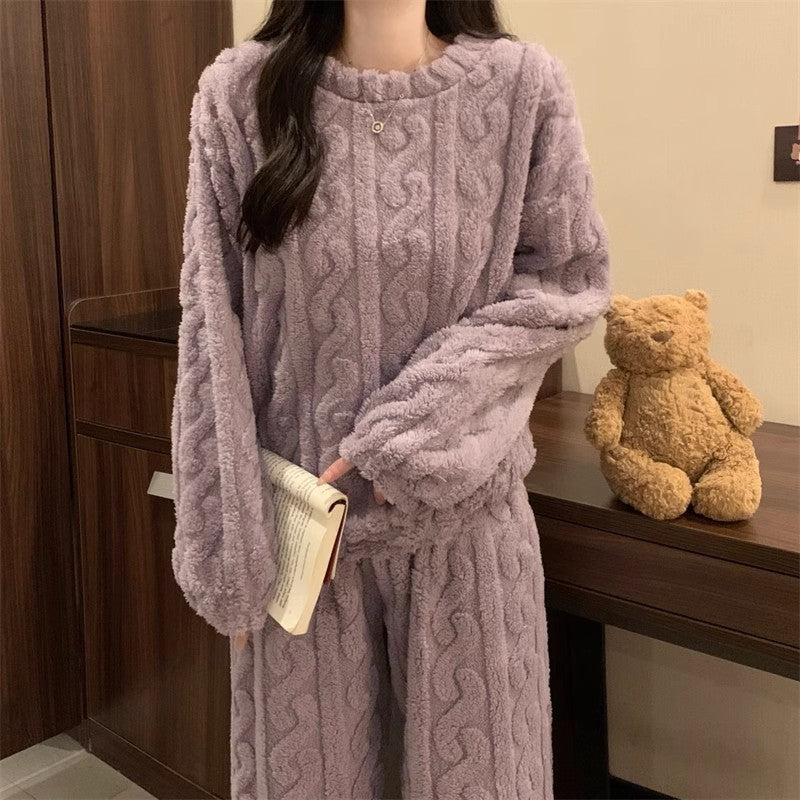 Purple Coral Fleece Jacquard Thermal Pajama Set — Autumn/Winter Fleece-Lined, Thickened, Casual Loungewear