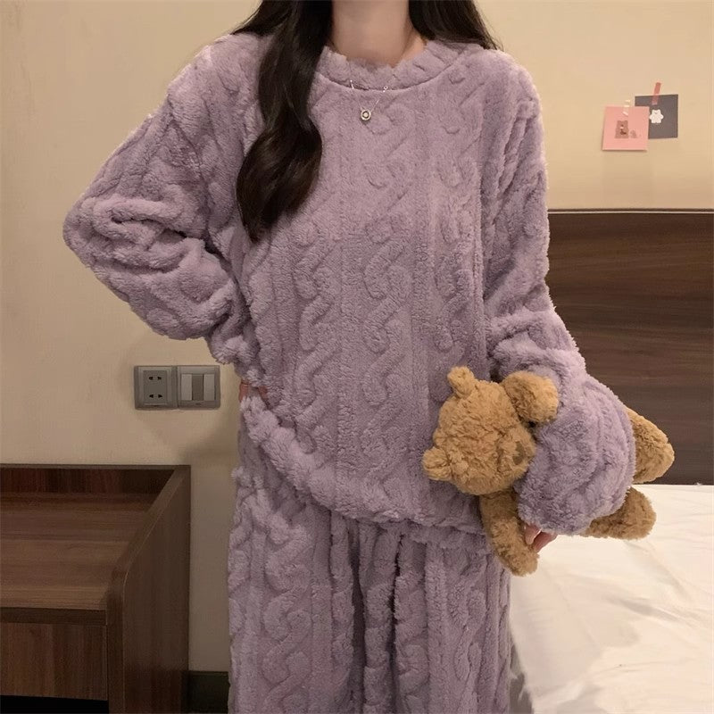 Purple Coral Fleece Jacquard Thermal Pajama Set — Autumn/Winter Fleece-Lined, Thickened, Casual Loungewear