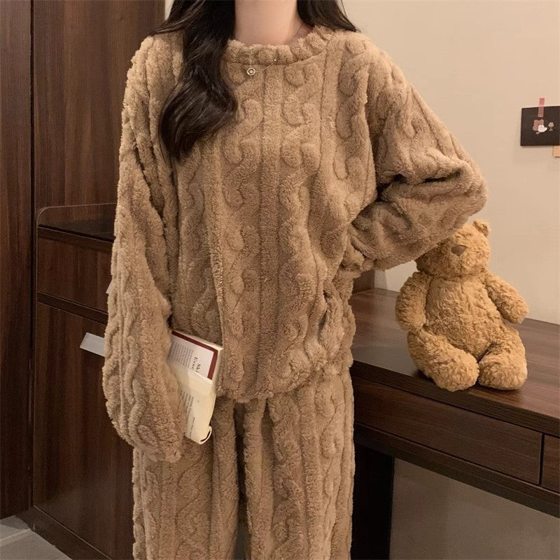 Khaki Coral Fleece Jacquard Thermal Pajama Set — Autumn/Winter Fleece-Lined, Thickened, Casual Loungewear
