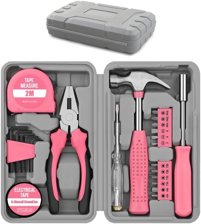 24-Piece Pink Multifunctional Home Tool Kit for Women - Compact Mini Starter Hardware Set with Hammer, Pliers, Screwdrivers - Portable Household Hand Tools for DIY Assembly &amp; Gift Giving