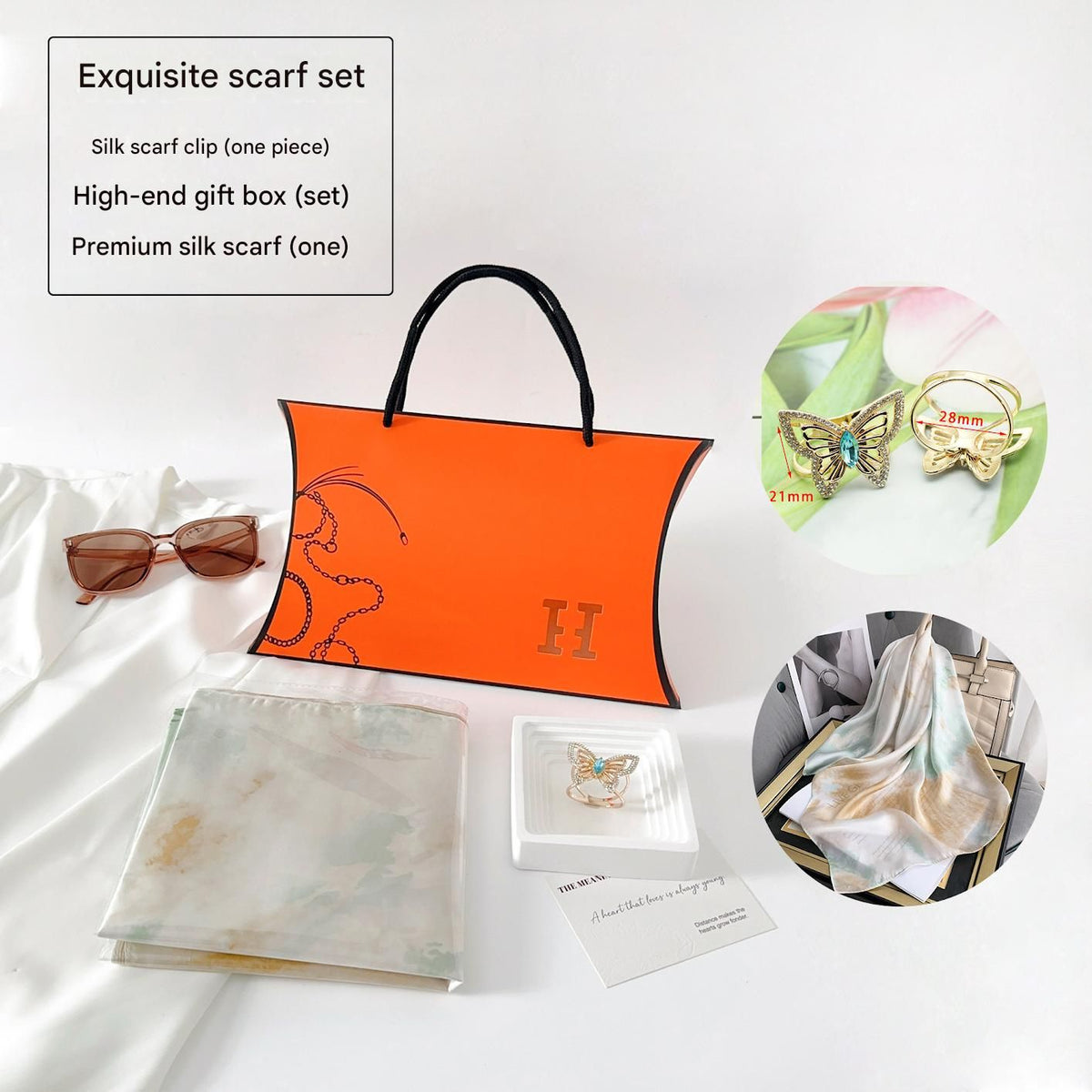 Light Green Ink-Wash Style Korean Design 70x70cm Imitation Silk Scarf Gift Set for Women - Fashionable Square Scarf with Scarf Ring &amp; Luxury Gift Box, Versatile Neck Scarf for Mum, Grandma, Ladies - Ideal Gift for Mother's Day, Birthday, Anniversary