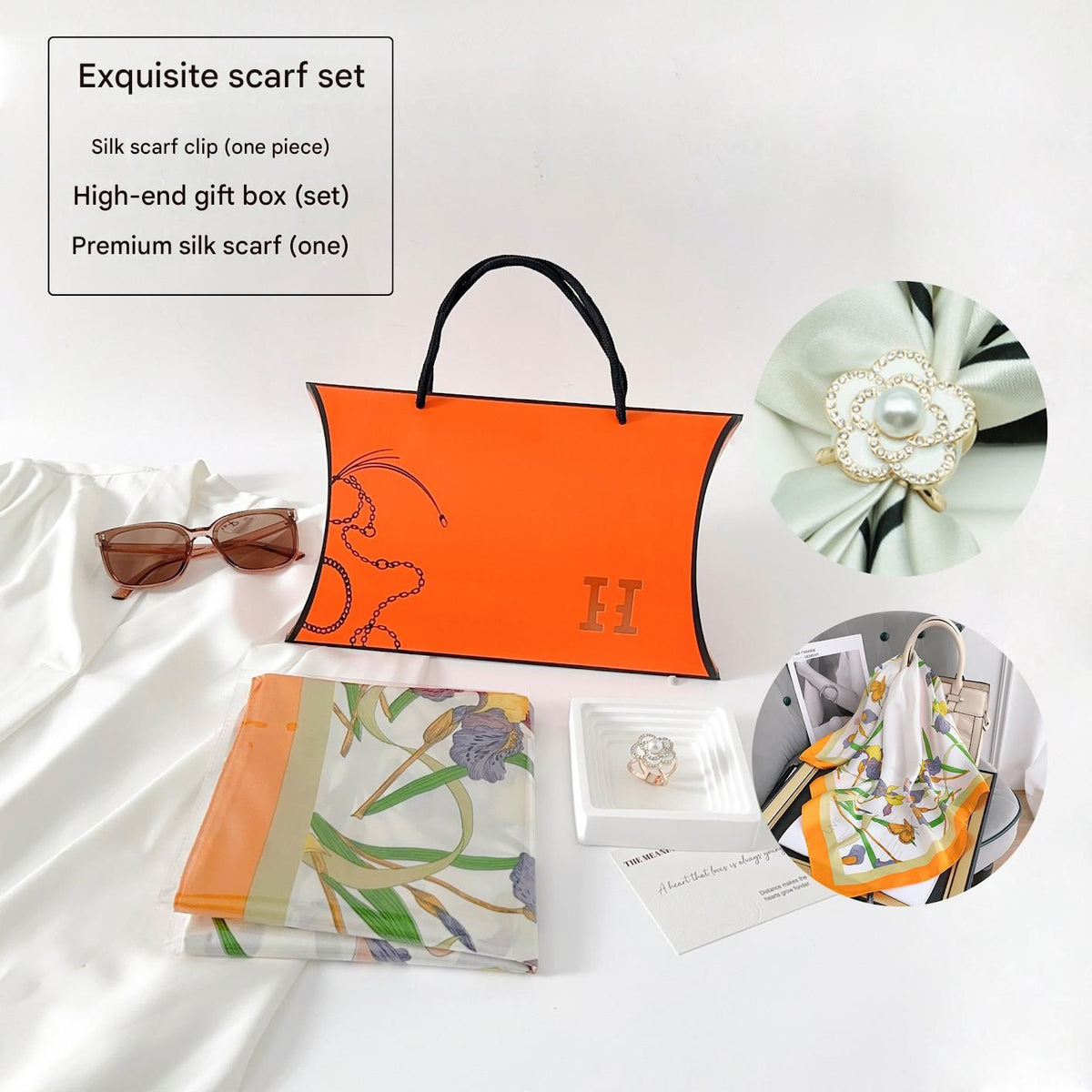 Butterfly and Flower Styles Korean Design 70x70cm Imitation Silk Scarf Gift Set for Women - Fashionable Square Scarf with Scarf Ring &amp; Luxury Gift Box, Versatile Neck Scarf for Mum, Grandma, Ladies - Ideal Gift for Mother's Day, Birthday, Anniversary